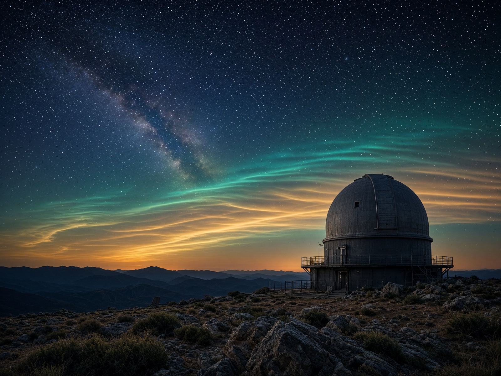 Observatory under a teal and gold night sky