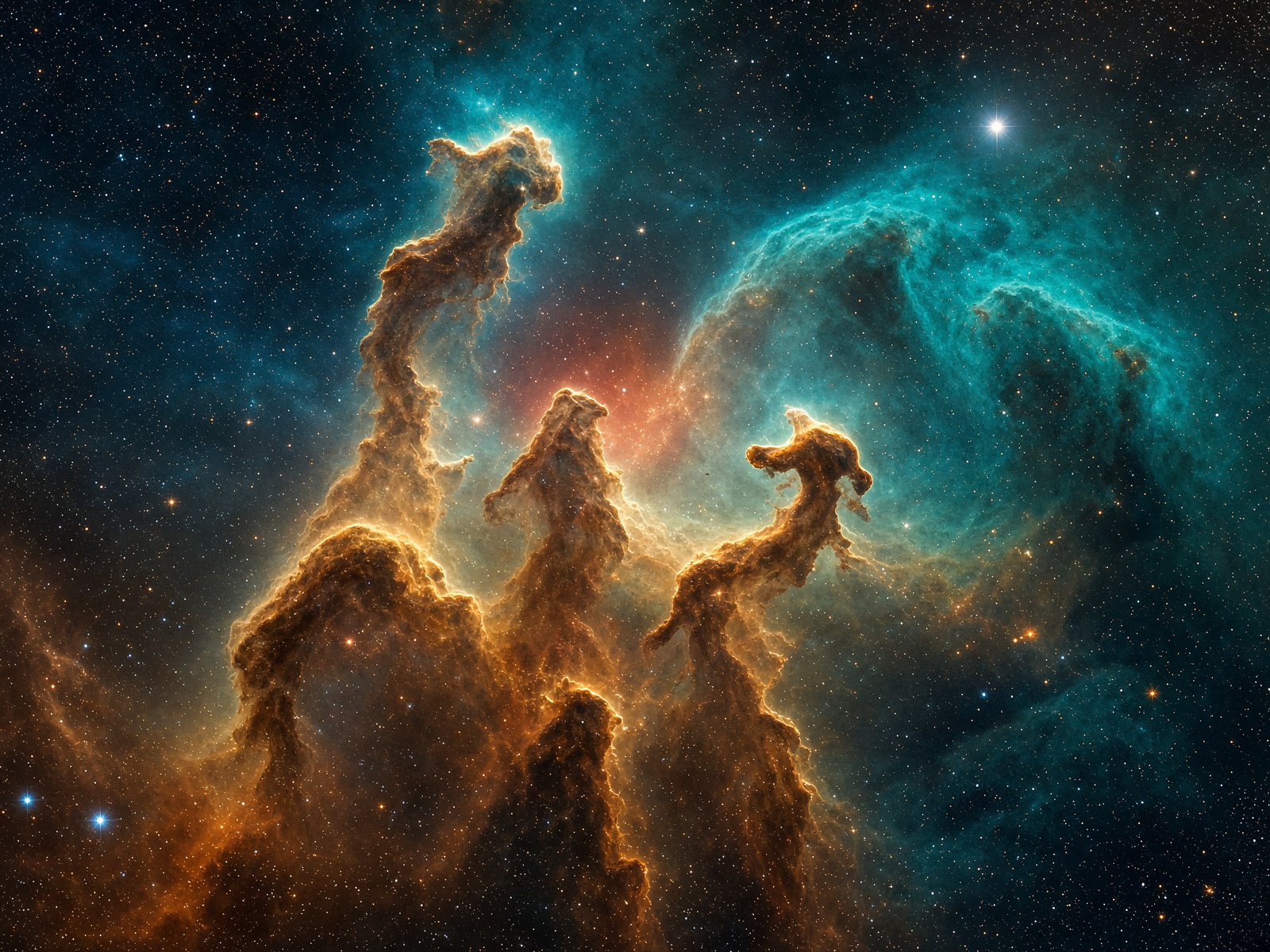 Stellar nursery of gold dust and teal ionized gas
