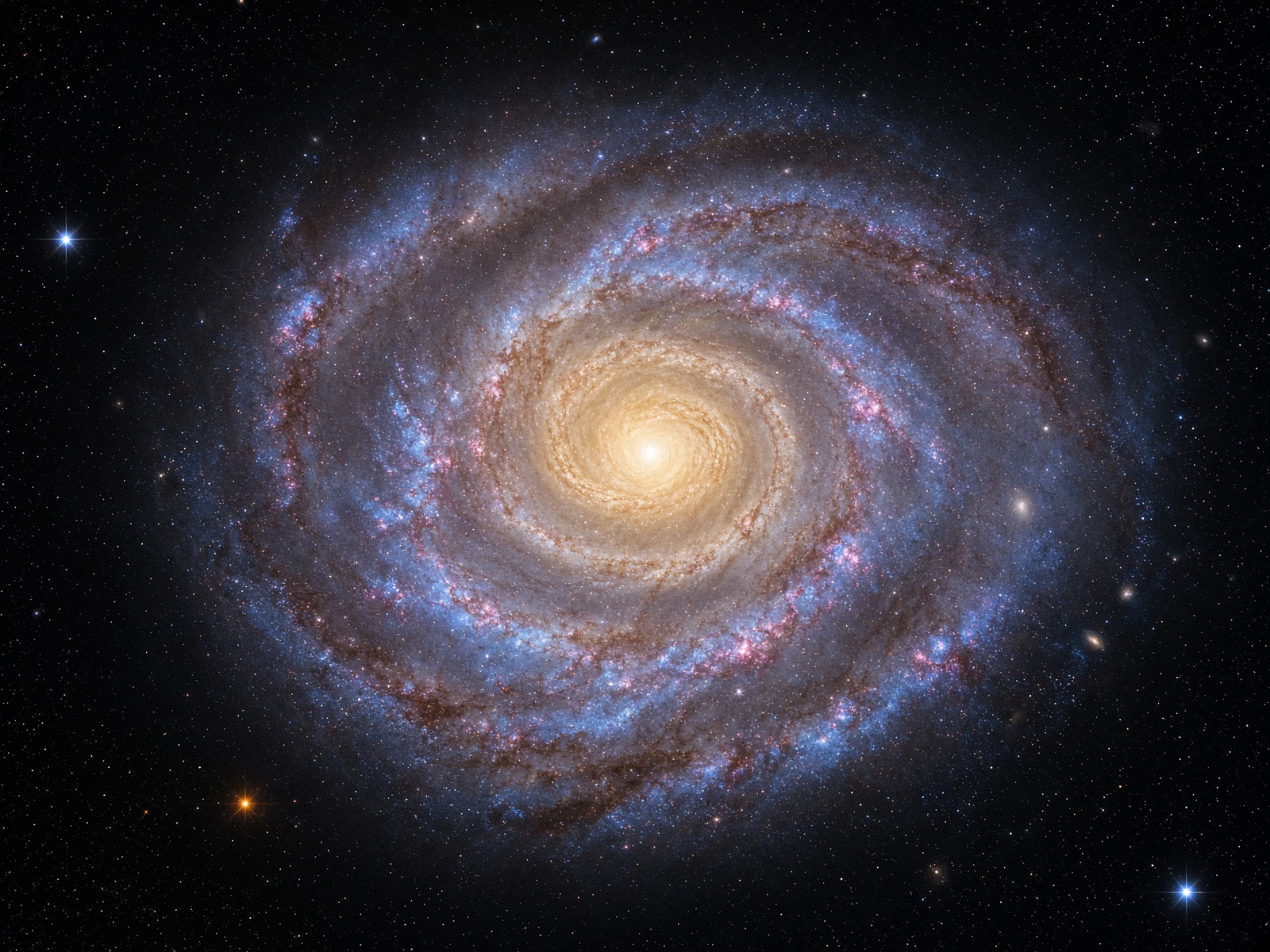 Face-on spiral galaxy with blue arms and a gold core