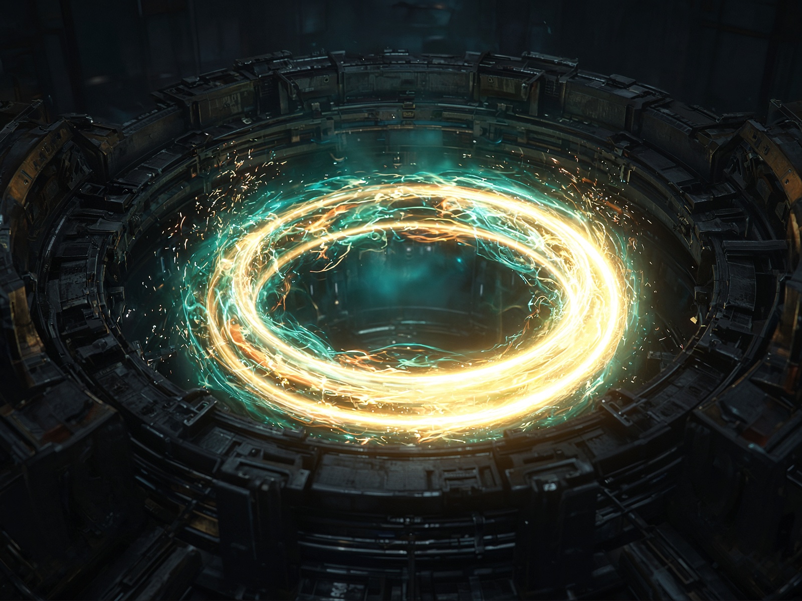 Brilliant gold-white plasma ring with teal light