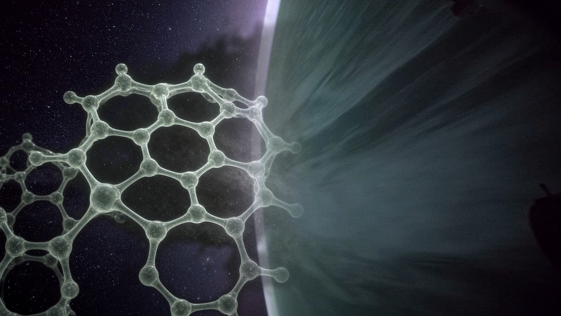 Earth seen from orbit, blended with a translucent helical molecular structure